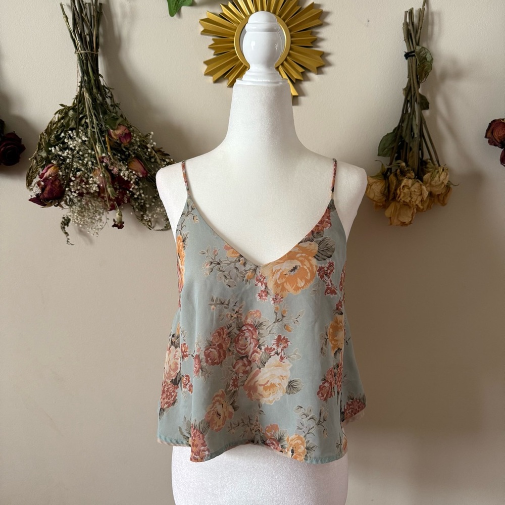 Lush Cottagecore Sage Floral V-Neck Cami with Peach and Yellow Roses